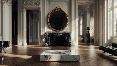 Obraz na płótnie Elegant room with sunlight, marble, mirror, and ornate details w salonie