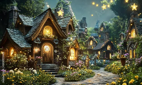 Wallpaper Mural Enchanted village at twilight, featuring whimsical cottages surrounded by vibrant flowers and glowing stars Torontodigital.ca