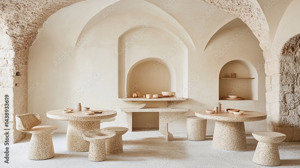 Beige, minimalist cafe interior. Natural stone tables and chairs