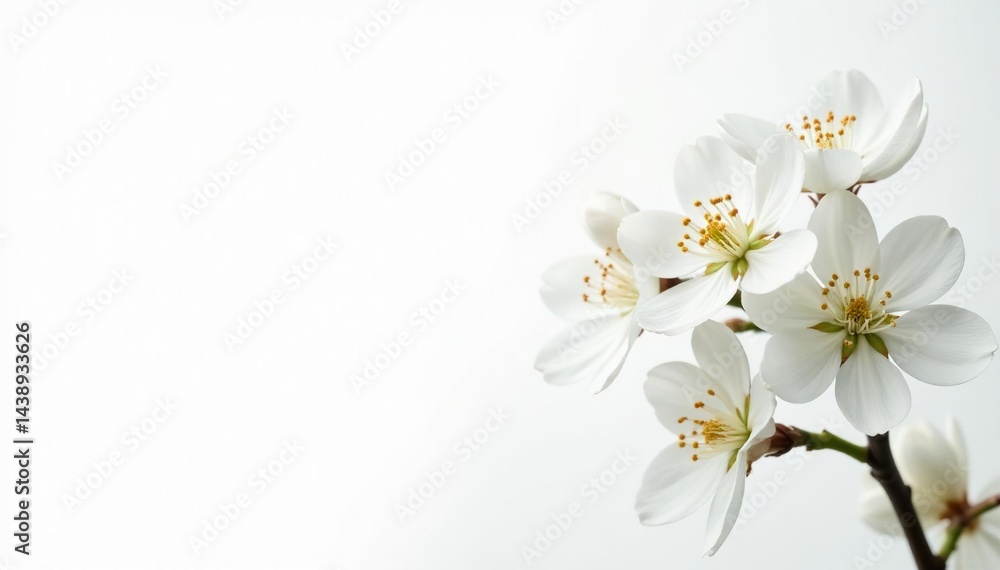 Fototapeta premium Delicate white blossoms against pure white backdrop, petals, floral