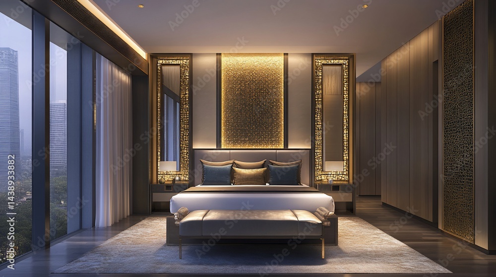 Luxurious bedroom with city view, gold accents, and plush bedding