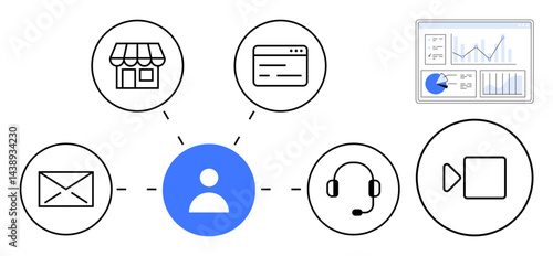 User icon linked to email, e-commerce, website, analytics dashboard, help desk, and video communication. Ideal for business management, networking, digital integration user analytics CRM online