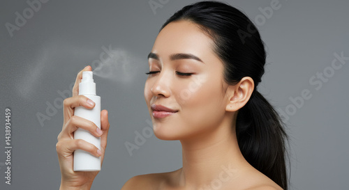 Refreshing Radiance: Asian Woman Spritzing Face Mist for Hydrated, Glowing Skin. Beauty, Skincare, Facial Mist, Self-Care