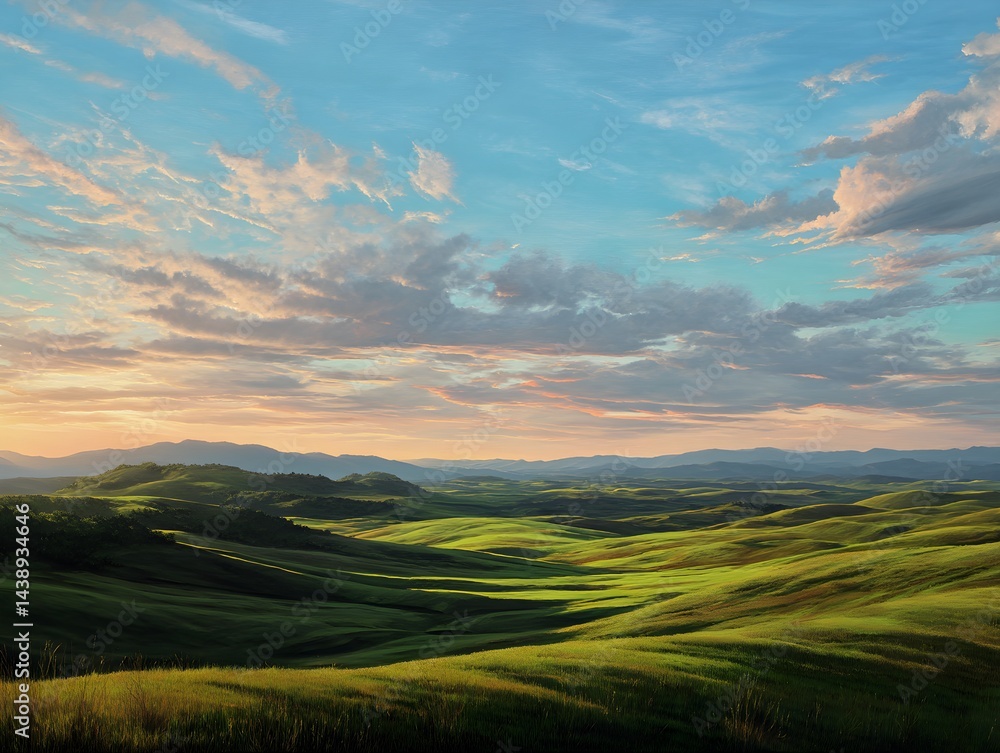 Sunset Over Rolling Green Hills and Grassland Sunset Over Rolling Green Hills and Grassland