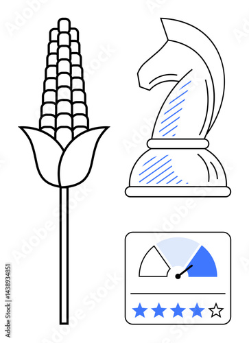 Corn stalk, chess knight, and performance meter with star rating. Ideal for strategy, agriculture, skill, measurement, evaluation planning productivity. A flat simple metaphor
