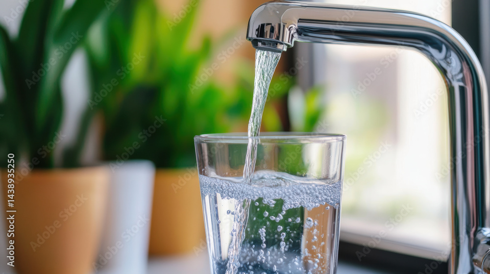 A glass of water is being poured from a faucet