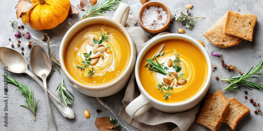Two bowls of soup with bread and herbs on a table