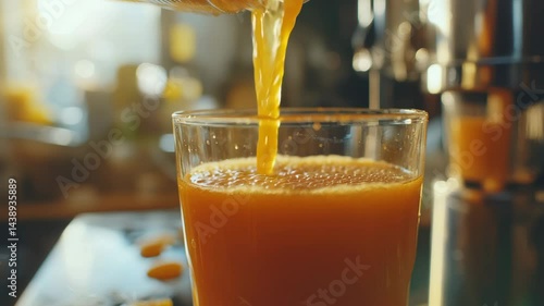Fresh orange juice being poured into clear glass, sunlight shining through liquid, creating vibrant, healthy, and refreshing breakfast drink with citrus flavor and vitamin rich goodness