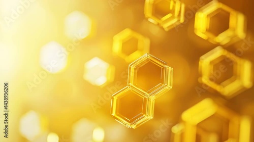 Abstract golden hexagon shapes float bright yellow background, creating modern, futuristic, and energetic atmosphere with sense of innovation and technology, featuring glowing geometric honeycomb