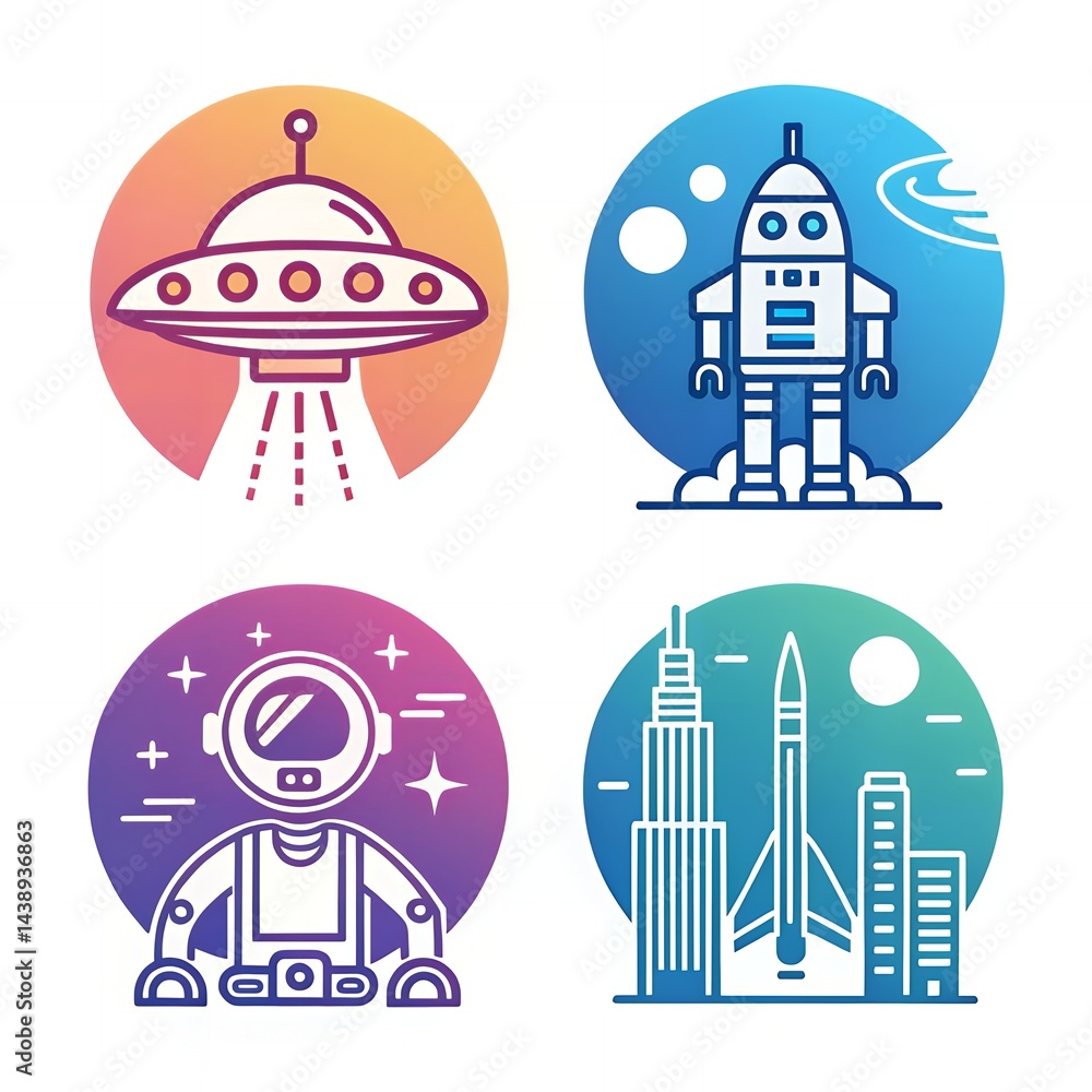 Space Exploration Astronaut Robot UFO Rocket City Icons Space Exploration Astronaut Robot UFO Rocket City Icons