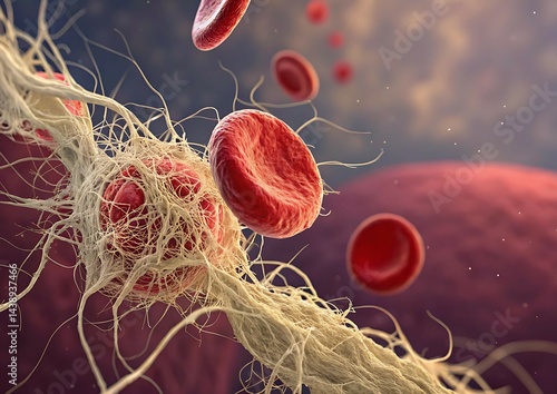 Microscopic View of Red Blood Cells and Fibrin Network in Blood Clotting