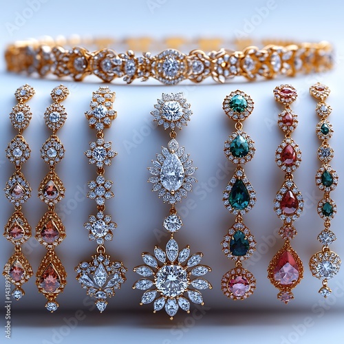 Elegant Jewelry Collection Gold Diamond Earrings And Bracelet High Resolution Image
