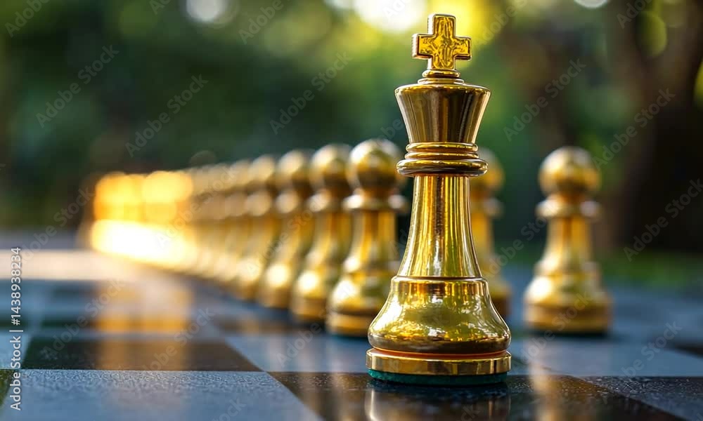 Golden chess pieces arranged on a board in a serene outdoor setting, symbolizing strategy and competition