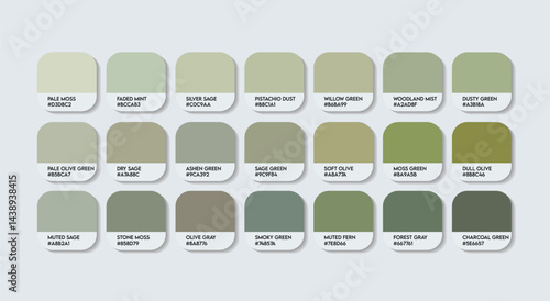 Neutral Green Color Guide Palette with color Names. Catalog Samples of Neutral Green with RGB HEX codes and Names. Dung green Color Palette, Fashion Trend Pantone Neutral paint Green Color Palette
