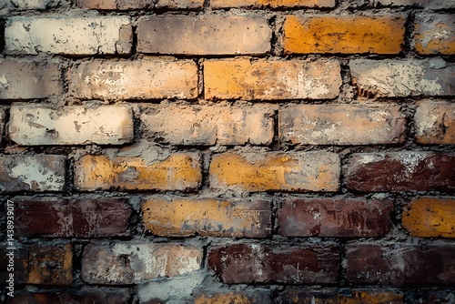 Weathered brick wall texture rich in warm and cool tones showing age and history with deep shadows and sunlit highlights