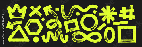 Set of geometric shapes with brush, crayon or marker texture. Crown, heart, infinity and rectangle with sketch lines. Yellow vector illustration on a blackboard.
