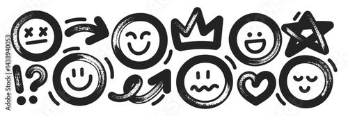 Set of emoji with brush, marker or crayon texture. Sad, happy, smile and angry emoticon for design. Black vector illustration isolated on a white background.