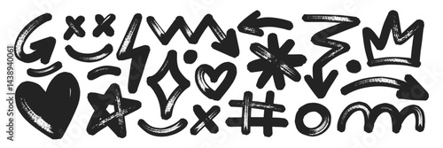 Set of hand drawn elements with brush, marker or crayon texture. Grunge arrow, lightning, star and crown for design. Black vector illustration isolated on a white background.