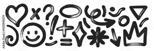 Set of hand drawn elements with brush, marker or crayon texture. Grunge heart, cross, emoji and asterisk for design. Black vector illustration isolated on a white background.