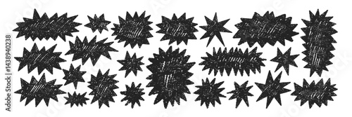 Set of hand drawn stars or labels with crayon, chalk or pastel texture. Playful elements for kids. Black vector illustration.