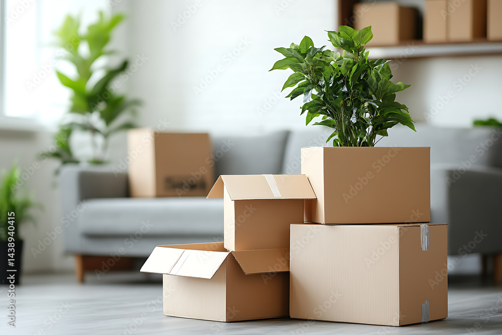 Concept of moving into a new apartment with boxes and furniture, with copy space for text Concept of moving into a new apartment with boxes and furniture, with copy space for text