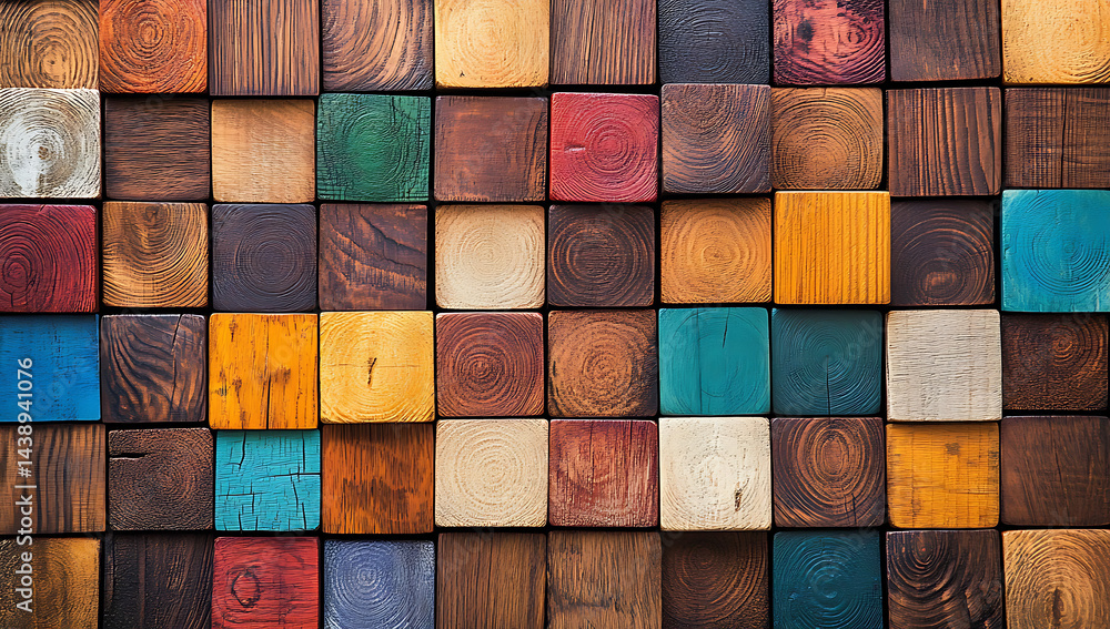 Colorful wooden blocks arranged in a grid pattern, each block with different shades of color and texture, creating an abstract background for design or decoration. Colorful wooden blocks arranged in a grid pattern, each block with different shades of color and texture, creating an abstract background for design or decoration.