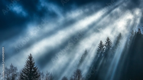 Sunbeams piercing through a foggy mountain forest