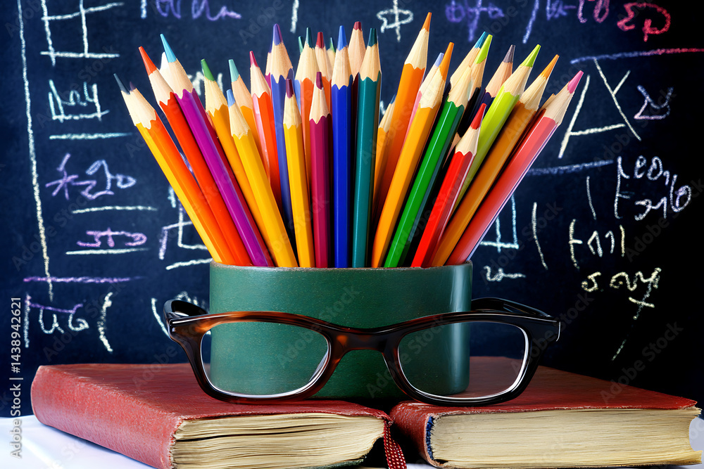Colorful pencils in a pencil cup, glasses on top of a book with a blackboard background featuring math equations. Colorful pencils in a pencil cup, glasses on top of a book with a blackboard background featuring math equations.