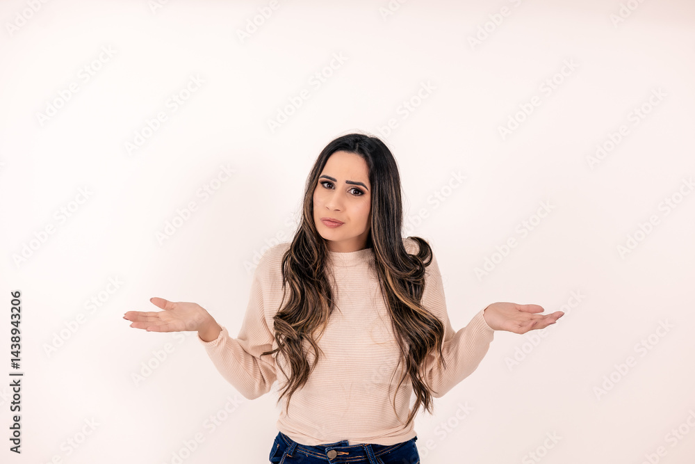 Portrait of an indecisive Latina student with dark wavy hair, shrugging her shoulders and throwing her hands to the side, with a disoriented look, isolated against a white background, Portrait of an indecisive Latina student with dark wavy hair, shrugging her shoulders and throwing her hands to the side, with a disoriented look, isolated against a white background,