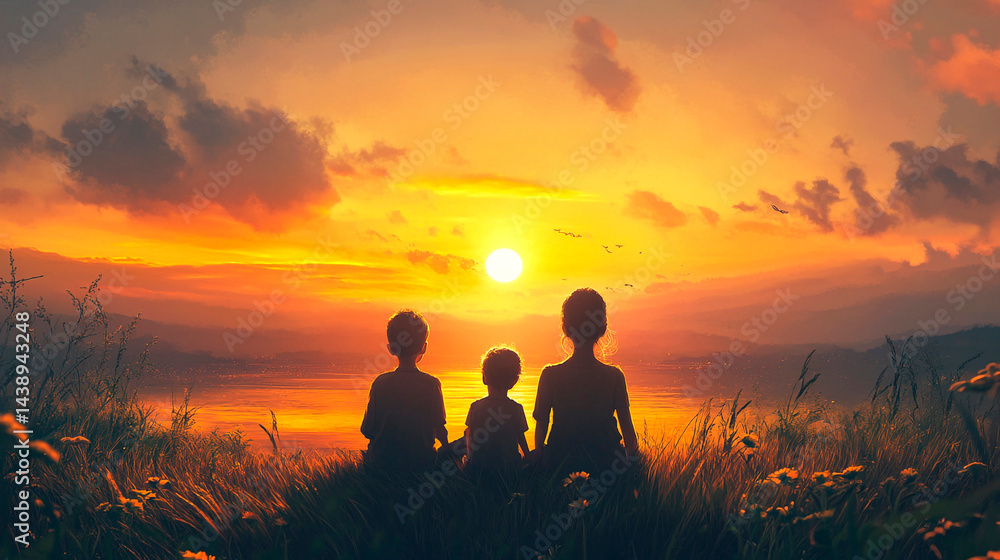 Three silhouettes watching a vibrant orange sunset over a lake from a flower filled meadow Three silhouettes watching a vibrant orange sunset over a lake from a flower filled meadow