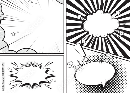 Comic speech bubbles and comic strip. Retro Comic Book Speech Bubbles. Black and White Comic Book Template with Speech Bubbles and Explosions