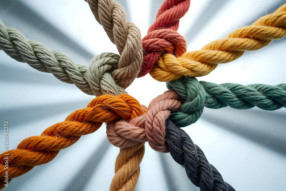 Unity and teamwork concept as a business metaphor for joining a partnership as diverse ropes connected together as a corporate symbol for cooperation and working collaboration. Unity and teamwork concept as a business metaphor for joining a partnership as diverse ropes connected together as a corporate symbol for cooperation and working collaboration.