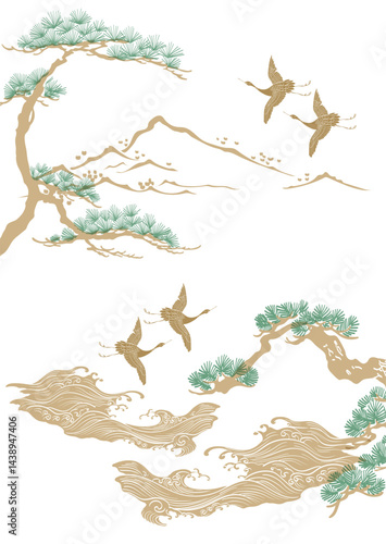 Japanese background with crane birds or herons, mountain, bonsai tree element vector. Hand drawn wave chinese cloud decorations in vintage style. Art abstract banner design.