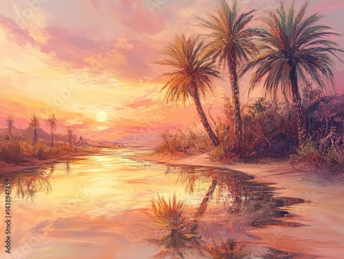 Serene desert sunset reflecting on a tranquil river. Lush palm trees line the banks