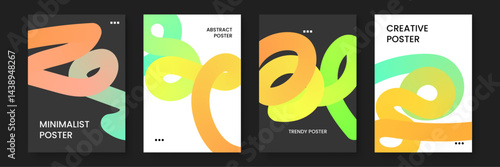 Set of four abstract posters with colorful shapes suitable for modern interior decor for living rooms or offices. Bright, vibrant designs with geometric patterns.