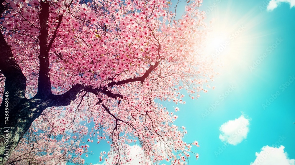 Blossoming cherry tree, radiant sun, and vibrant blue sky. Springtime scenery