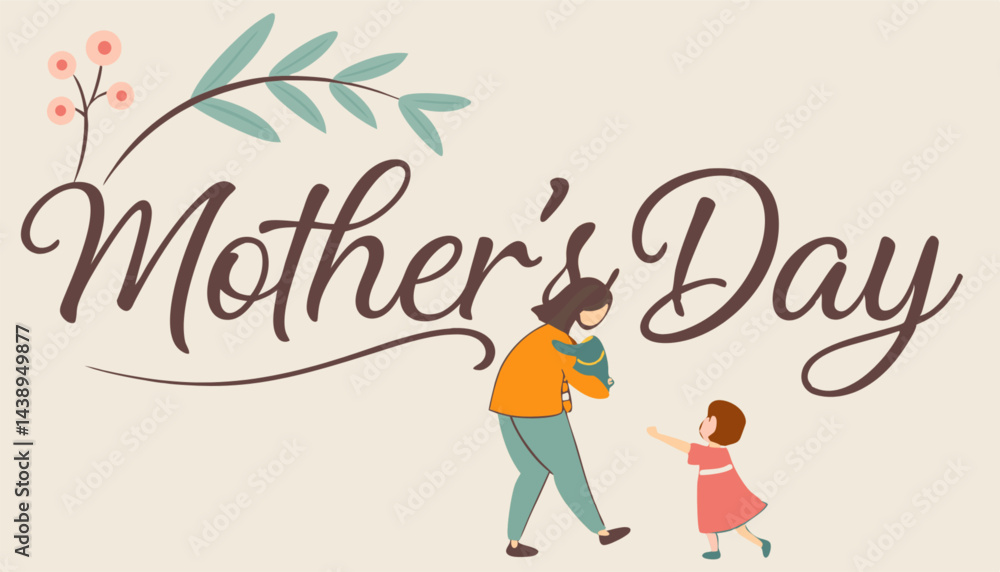 Obraz premium Happy Mother's Day, pink and pink flowers calligraphy poster. Chamomile flower decoration and vector love hearts for Mother's Day or special offer banner for sale shopping. Best Mother's greeting card