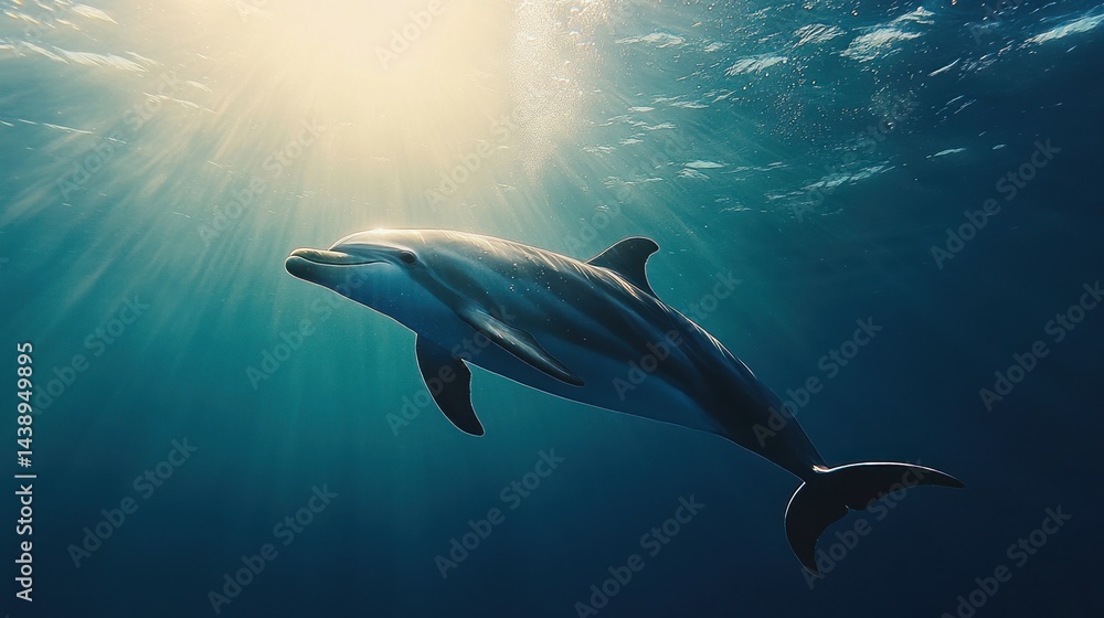 Naklejka premium Sunbeams illuminate dolphin in deep ocean