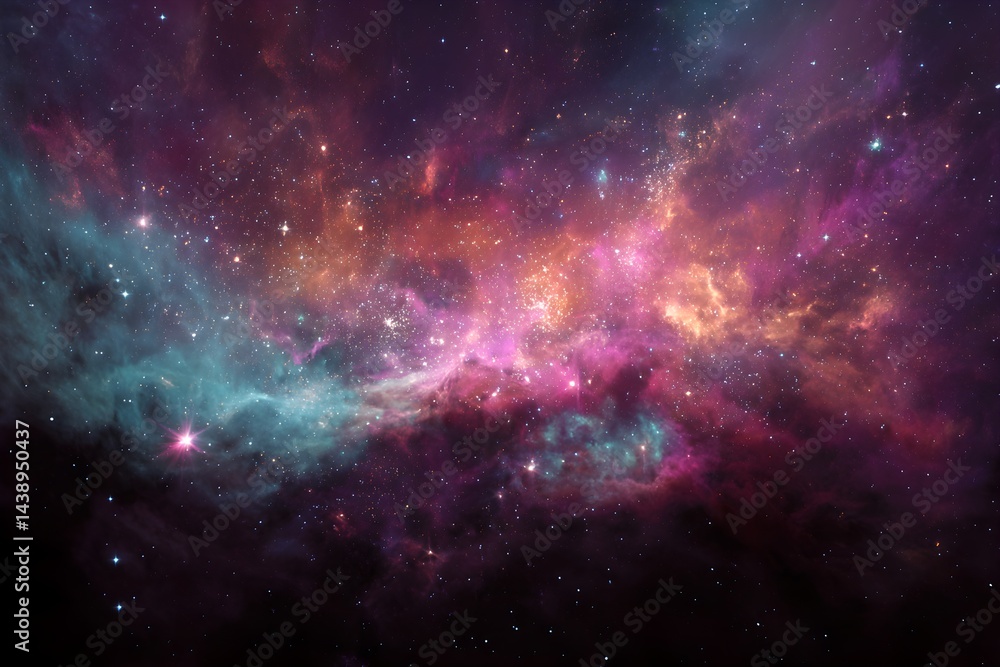 Naklejka premium Vibrant Cosmic Nebula with Sparkling Stars and Colorful Dust