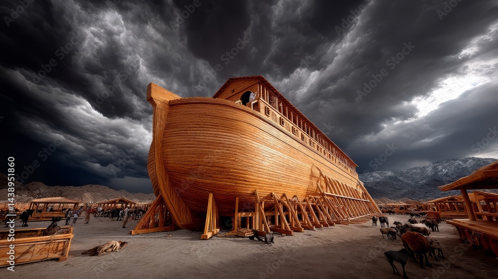 A close-up of Noah's Ark under construction with the Great Flood approaching.