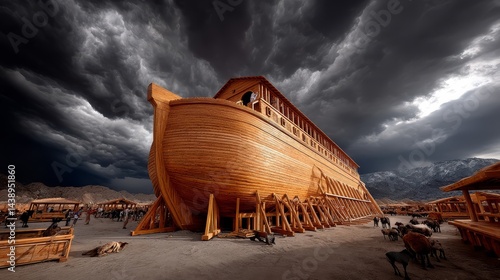 Obraz na płótnie A close-up of Noah's Ark under construction with the Great Flood approaching. w salonie