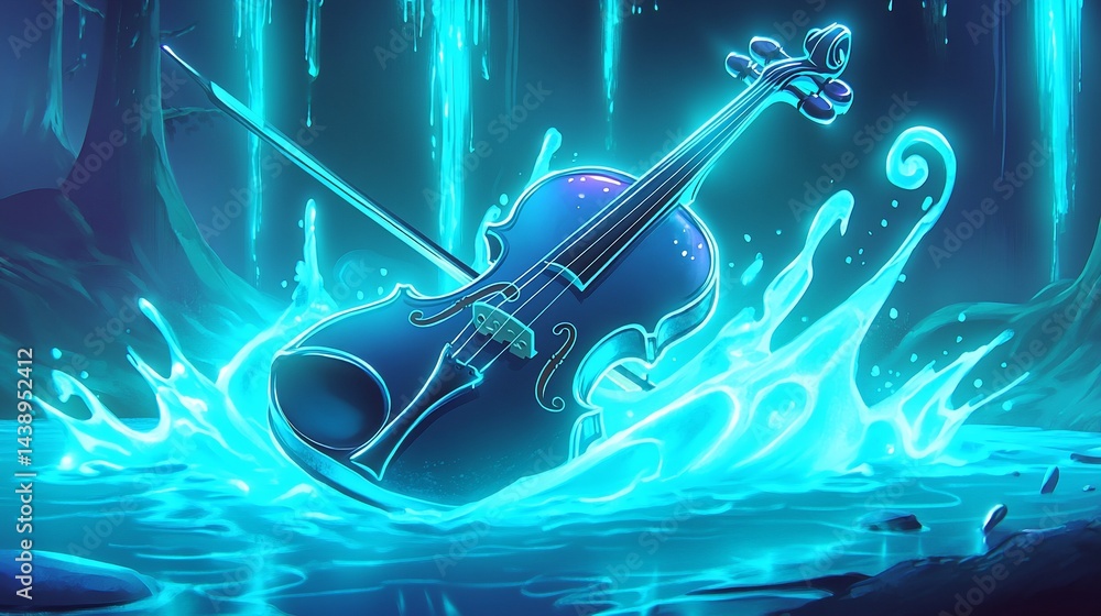 Mystical violin, glowing water, forest