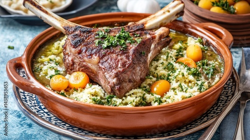 Roasted lamb ribs with rice and vegetables