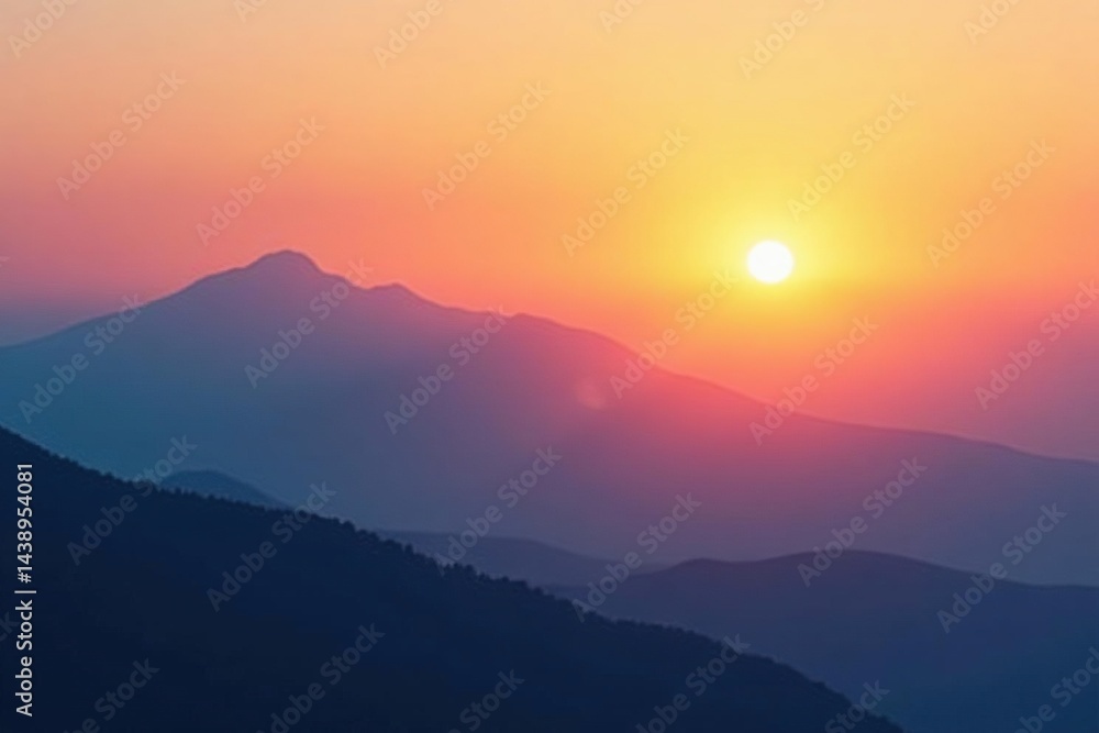 Fototapeta premium Subtle gradient sunrise blends into hazy mountain silhouette, art, atmosphere, design