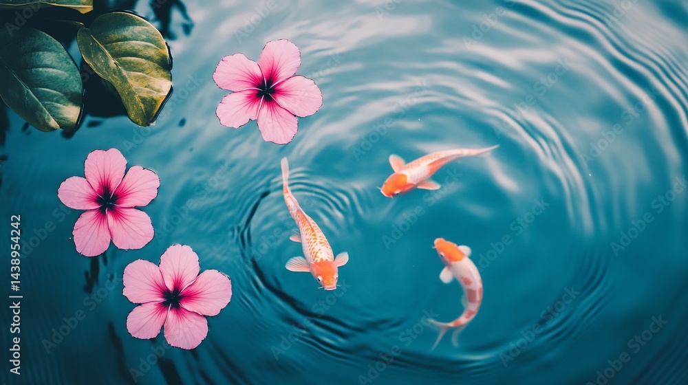 Peaceful pond scene with koi fish and flowers. Gentle ripples on the water's surface. Delicate pink flowers float serenely