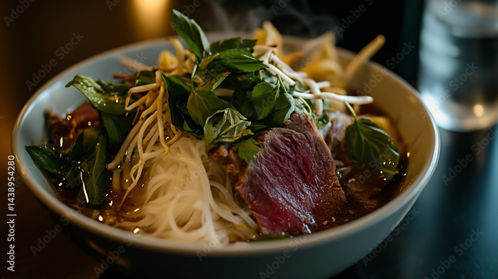 Steaming bowl of savory beef noodle soup with fresh herbs