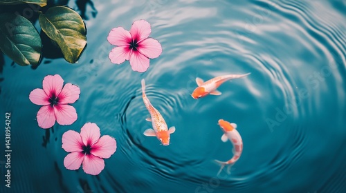 Obraz na płótnie Peaceful pond scene with koi fish and flowers. Gentle ripples on the water's surface. Delicate pink flowers float serenely w salonie