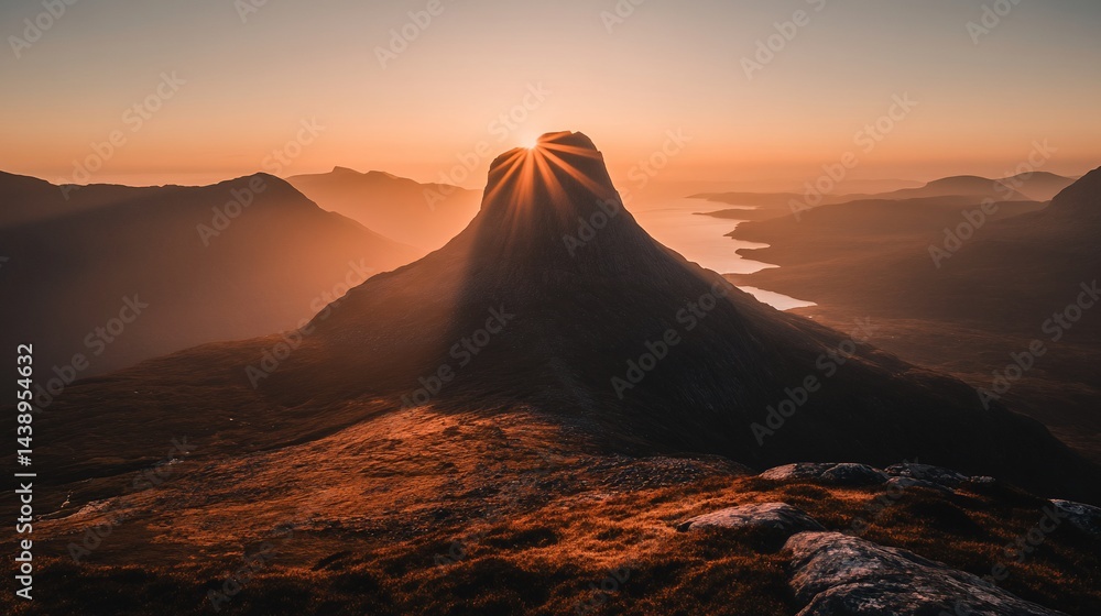 Mountain peak silhouetted by sunrise. Golden sun rays burst through the peak, creating a dramatic scene