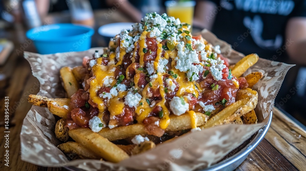 Mountain of loaded fries topped with melted cheese, salsa, and feta