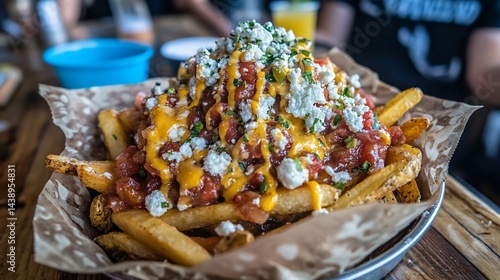 Obraz na płótnie Mountain of loaded fries topped with melted cheese, salsa, and feta w salonie
